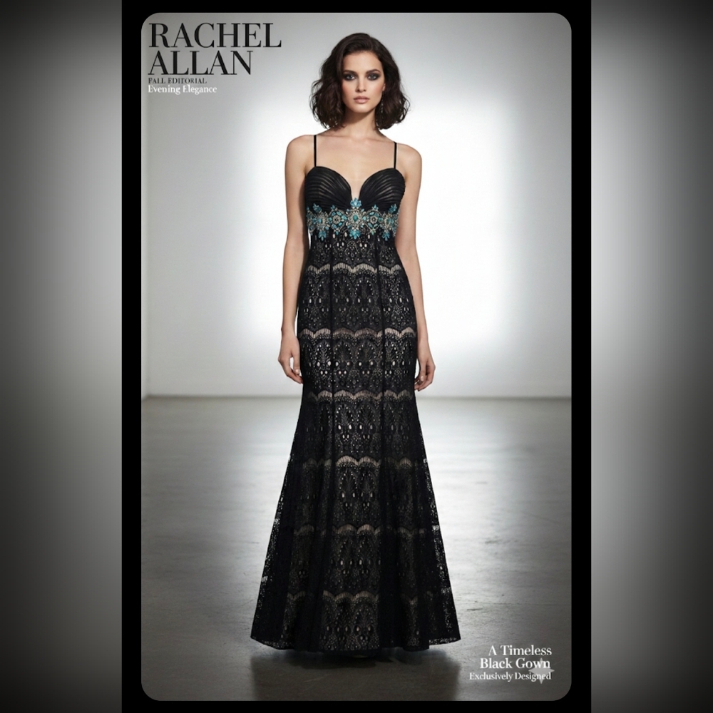 Rachel Allan Black and Teal Lace Gown Size 0